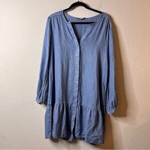 LOFT Chambray Button Front Dress Large Shirt Dress V-Neck Long Sleeve Blue
